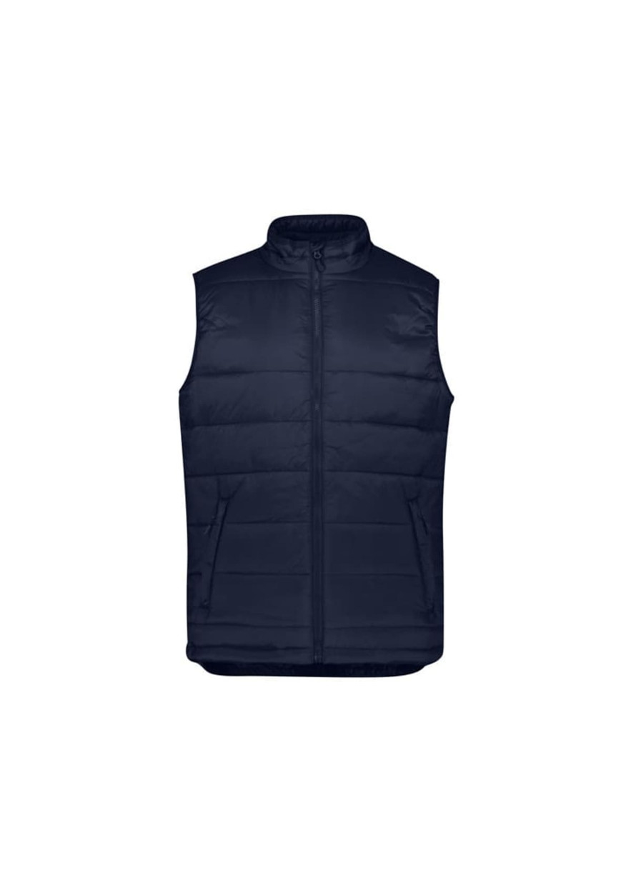 A navy blue men's alpine vest featuring a zip closure and two front pockets. It has a logo on it.