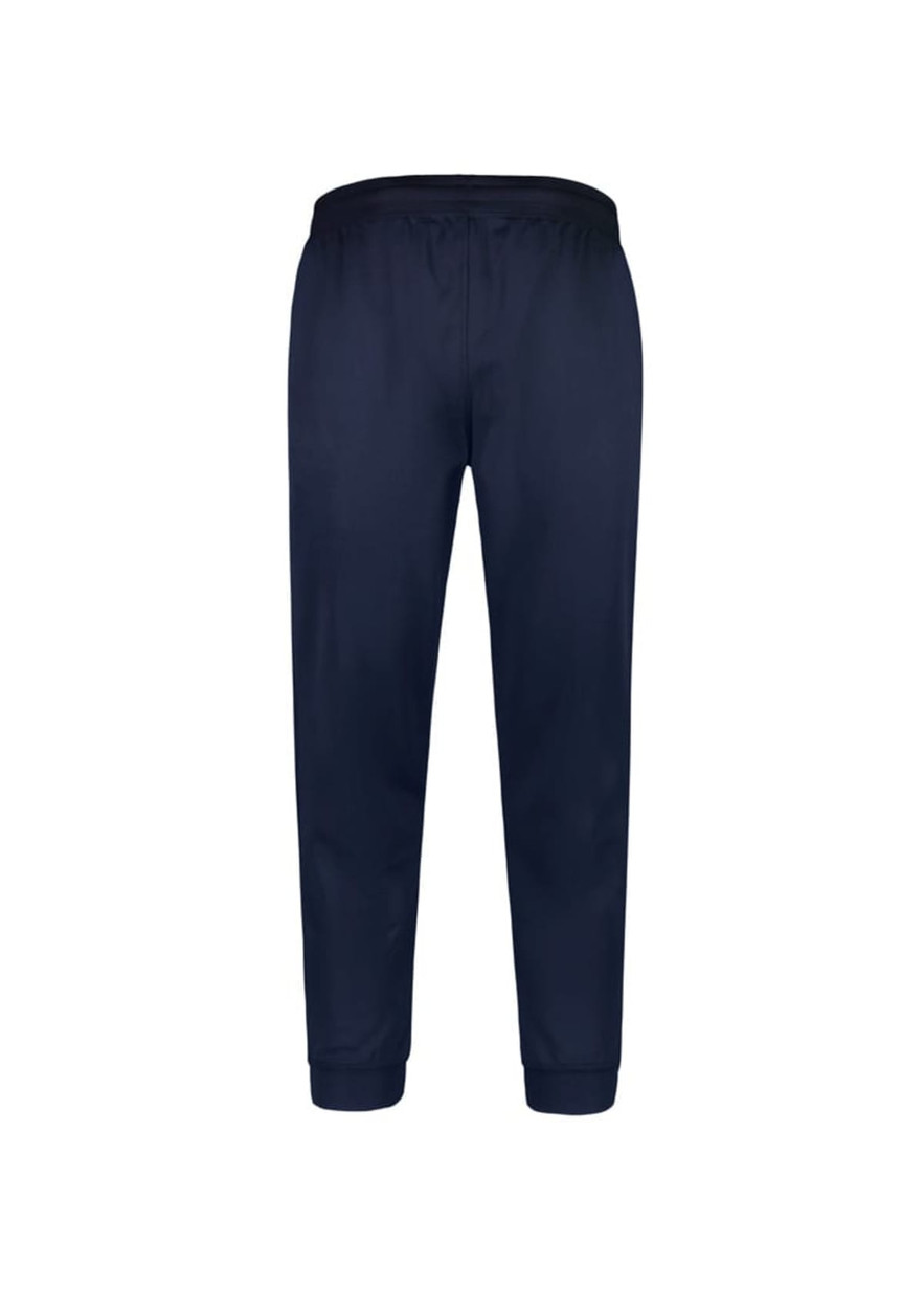 A pair of navy track pants with an elastic waistband and cuffs, featuring a logo.