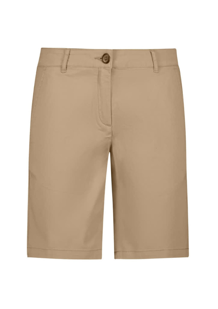 A pair of women's chino shorts in a light khaki colour, featuring a front button and pockets, with a logo.
