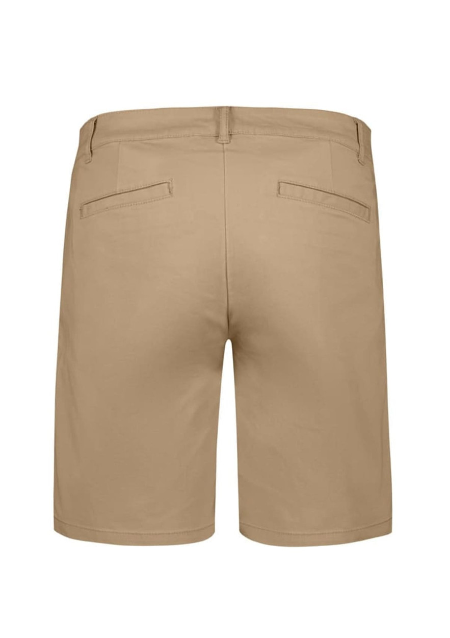 A pair of women's chino shorts in a light tan colour with pockets at the back, featuring a branding logo.