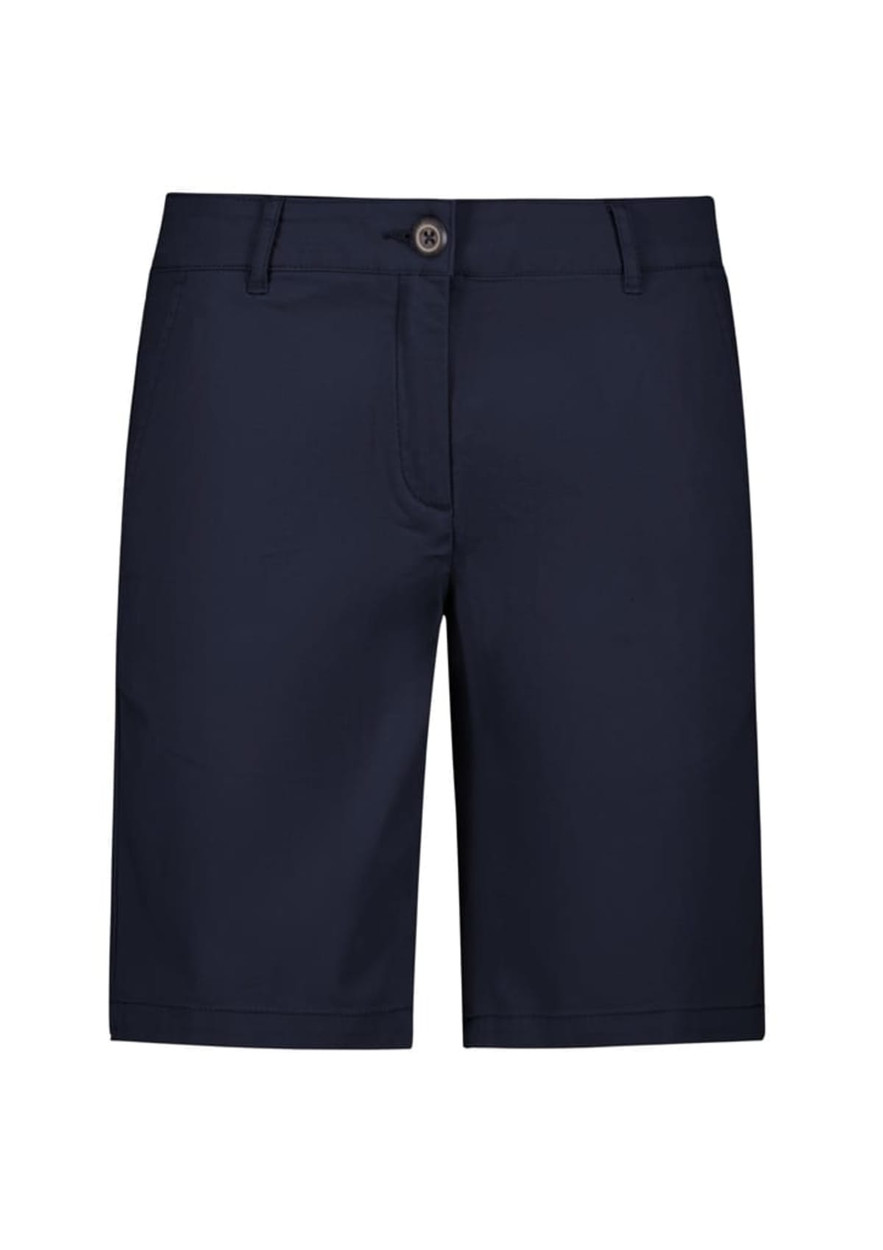 A pair of navy blue women's chino shorts with a front button closure and pockets, featuring a subtle logo.