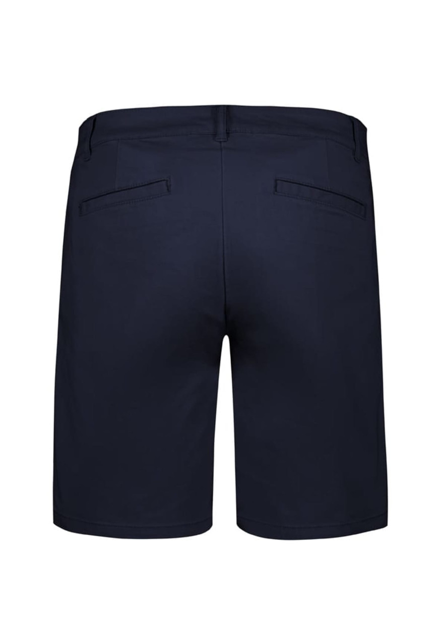 A pair of navy women's chino shorts featuring two back pockets and a standard waistband.