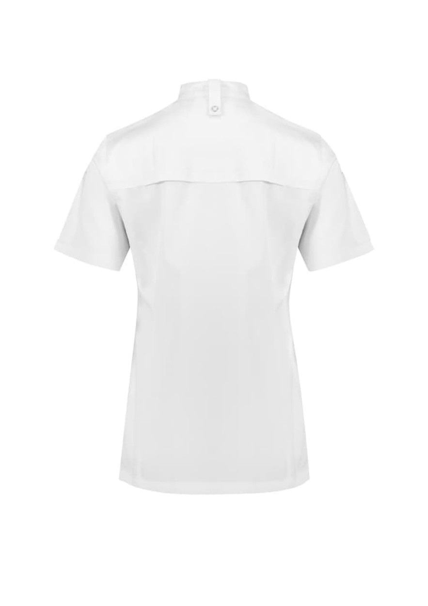 A white short sleeve jacket features a stand collar and a button closure, designed for women in chefwear.