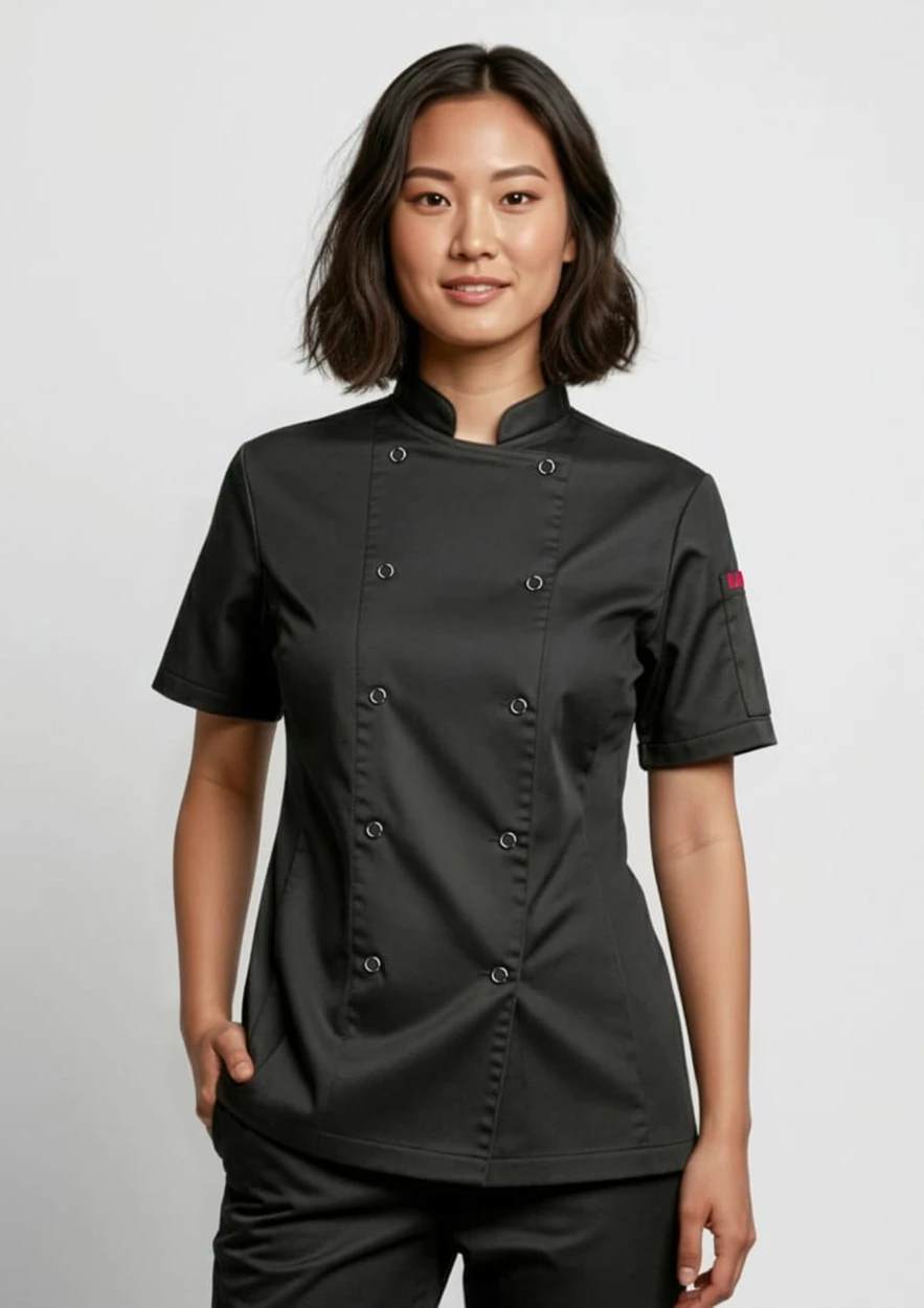 A short sleeve jacket in black, suitable for women's chefwear, featuring double-breasted buttons and a branded logo.