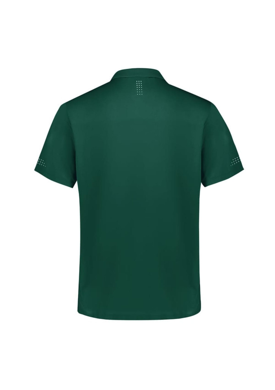 A green men's short sleeve polo shirt featuring a logo and detailed stitching on the back and sleeves.