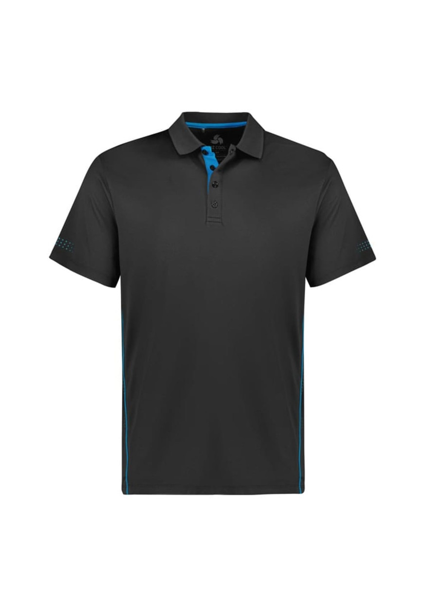 A black short sleeve polo shirt with turquoise accents and a logo on the chest.