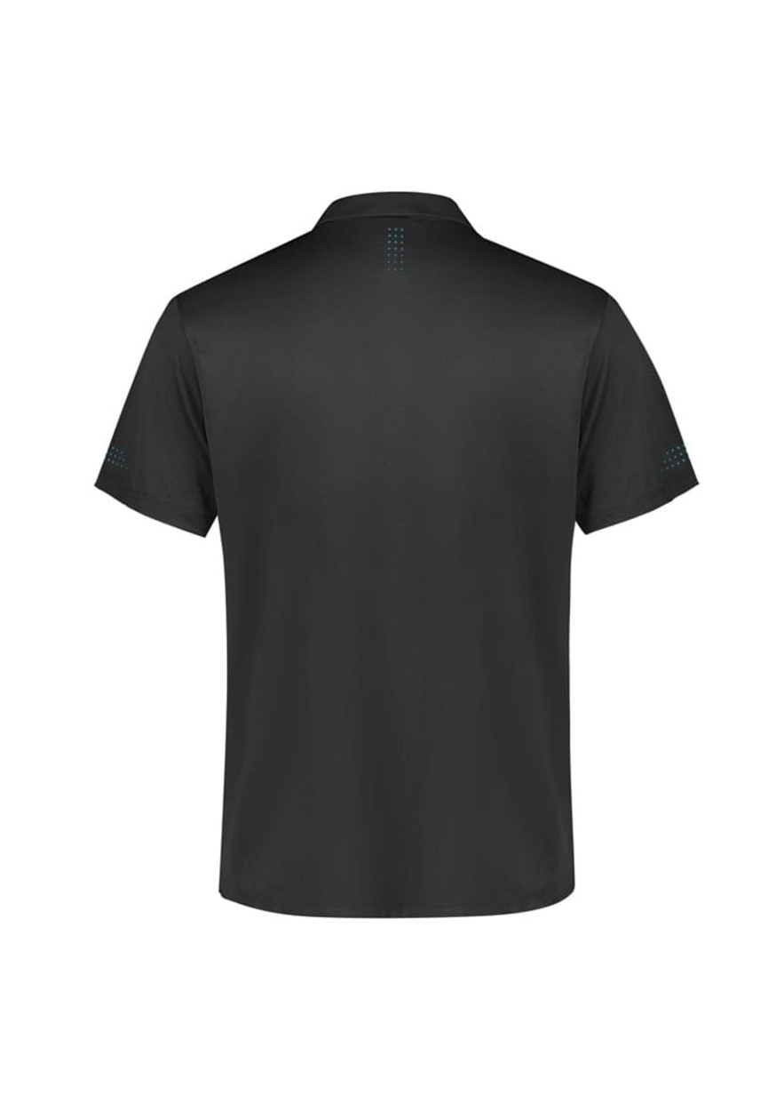 A black short sleeve polo shirt featuring a subtle pattern on the back and branding on the sleeves.