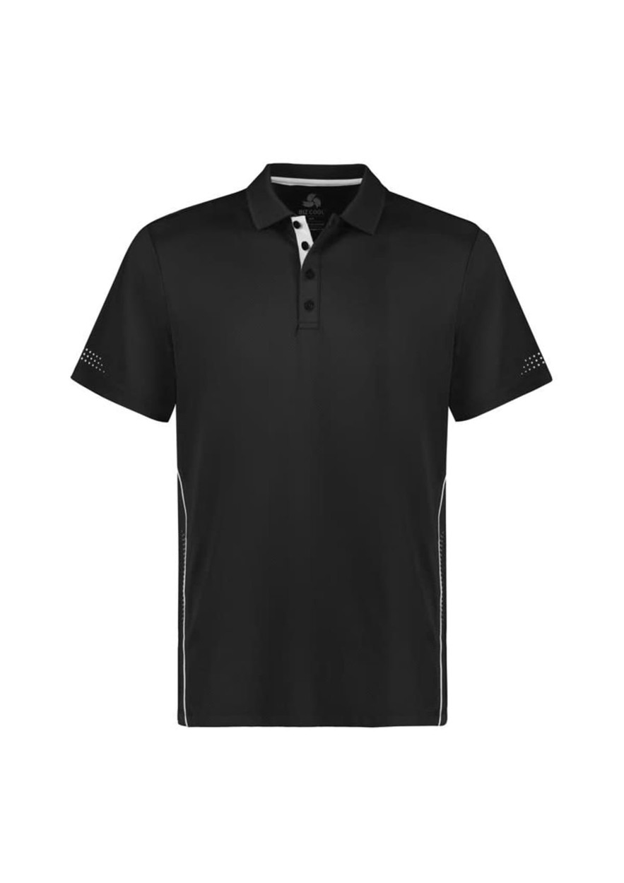 A black men's short sleeve polo shirt with a contrasting collar and side detailing, featuring a logo.