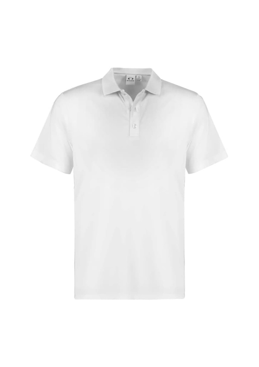 A white short sleeve polo shirt featuring a collar and a logo on the chest.