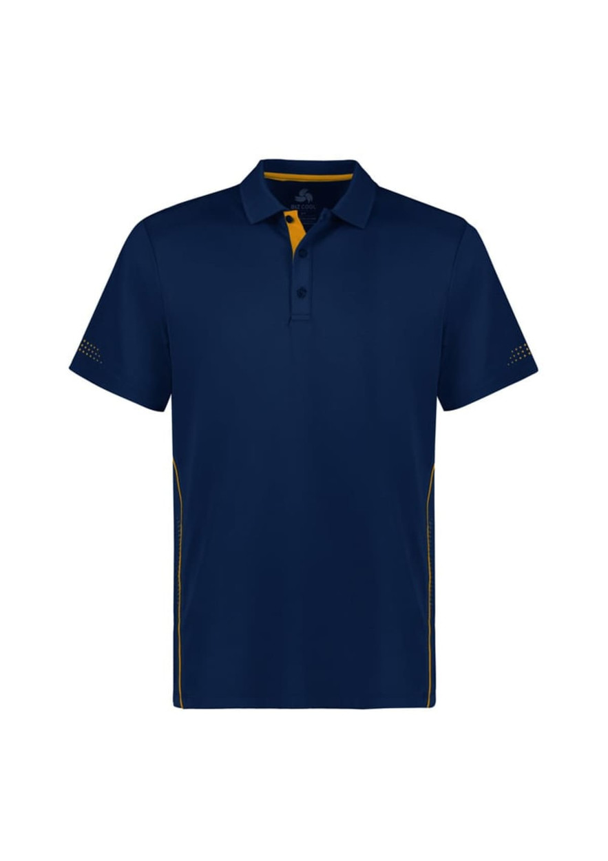 A navy blue kids' short sleeve polo shirt featuring yellow accents and a logo.
