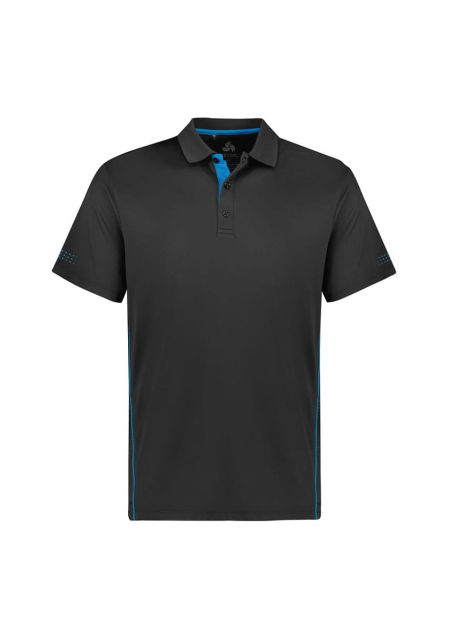 A black short sleeve polo shirt with blue accents and a logo on the chest. Suitable for kids.
