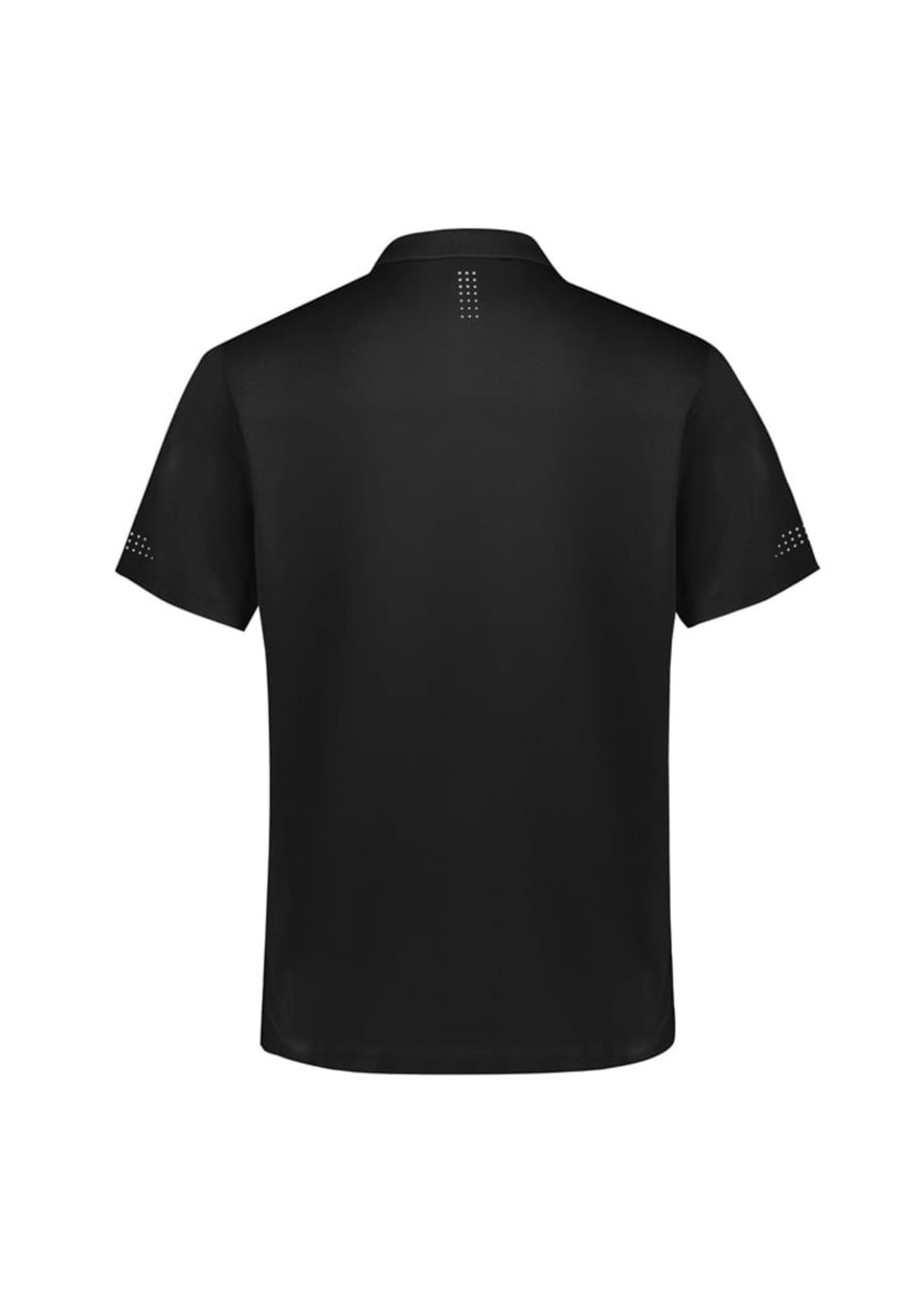 A black men's short sleeve polo shirt with a simple design and subtle branding on the back and sleeves.