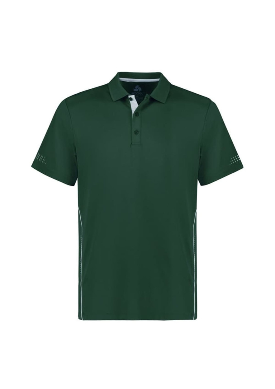 A green kids' short sleeve polo shirt with a branding logo and contrasting details along the sides.