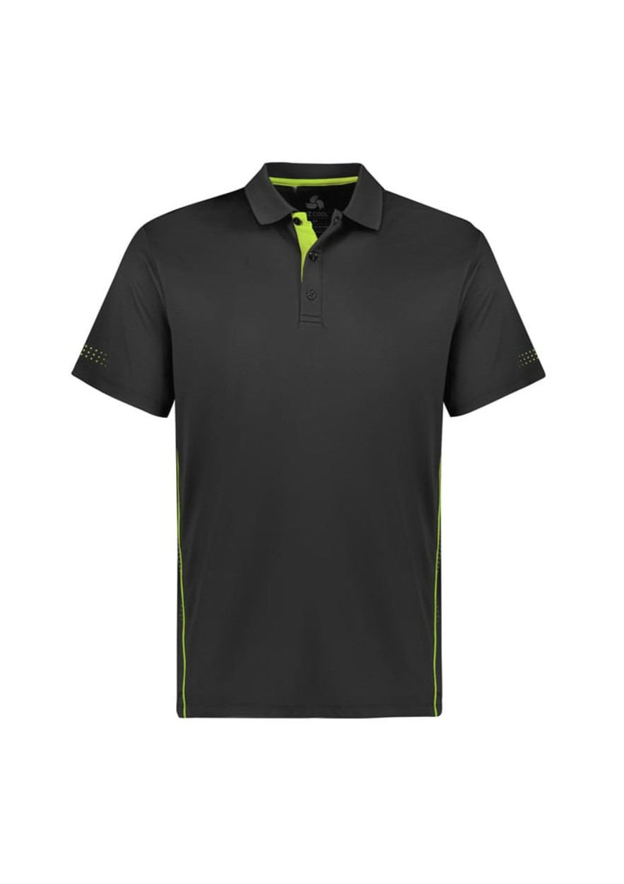 A black polo shirt with green accents and a logo, featuring short sleeves and a collared neckline.