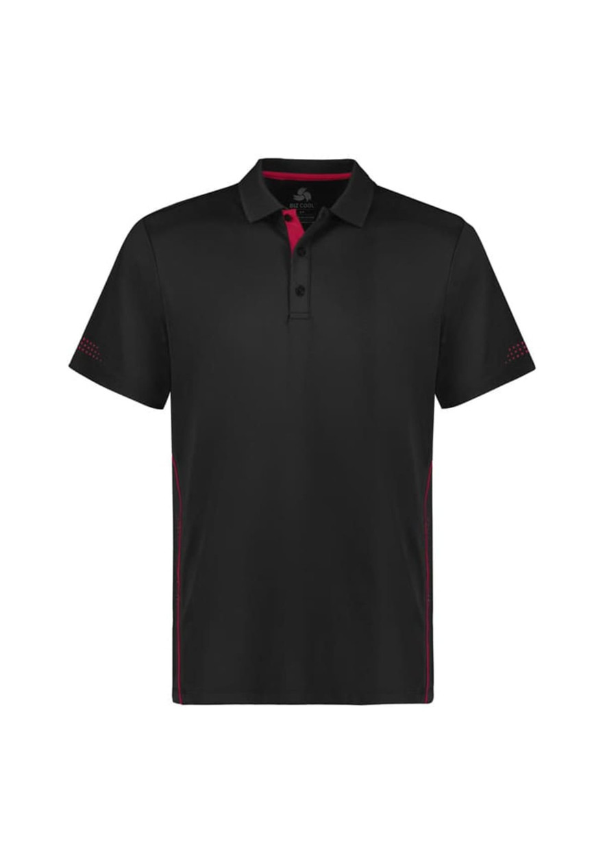 A black short sleeve polo shirt with red detailing and a logo. Features a classic collar and a straight-cut design.