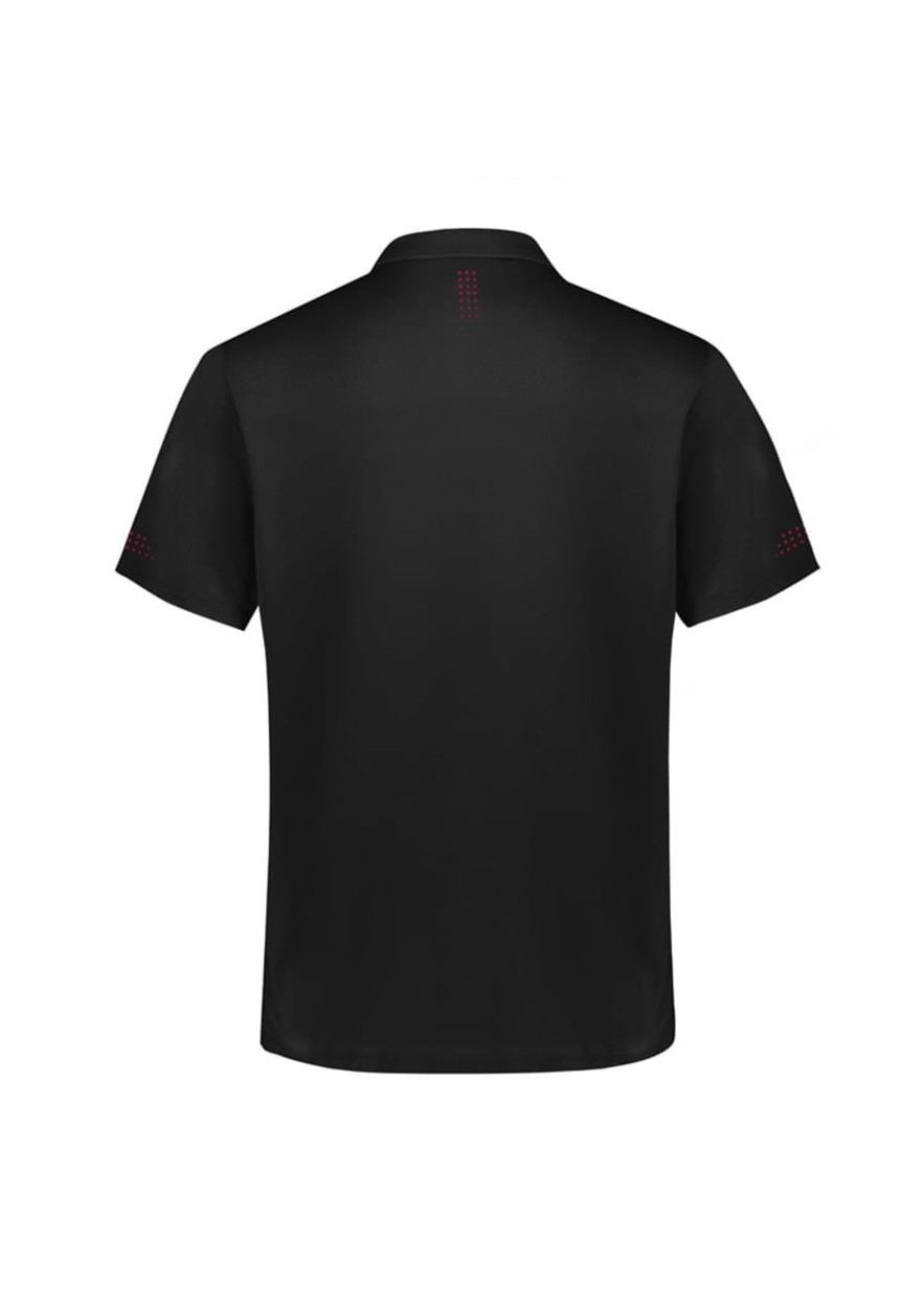 A black short sleeve polo shirt featuring a logo and textured detailing on the shoulders and back.