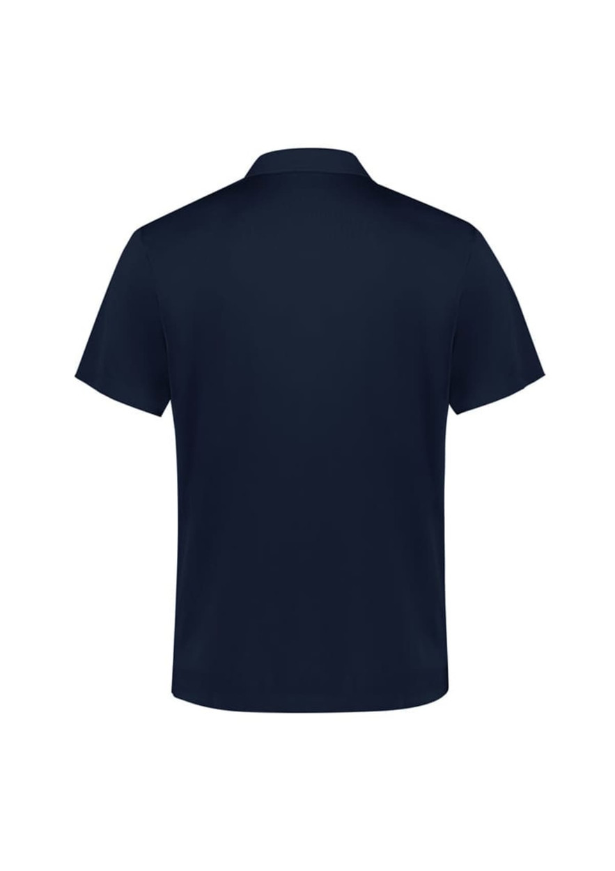 A navy blue men's action short sleeve polo shirt with a logo on the back.