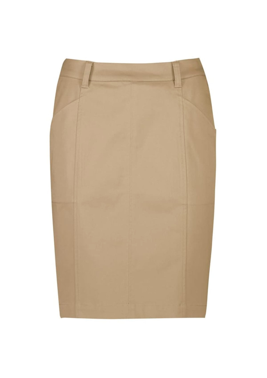 A mid-waist stretch chino skirt in a light tan colour, featuring a tailored fit and pockets.