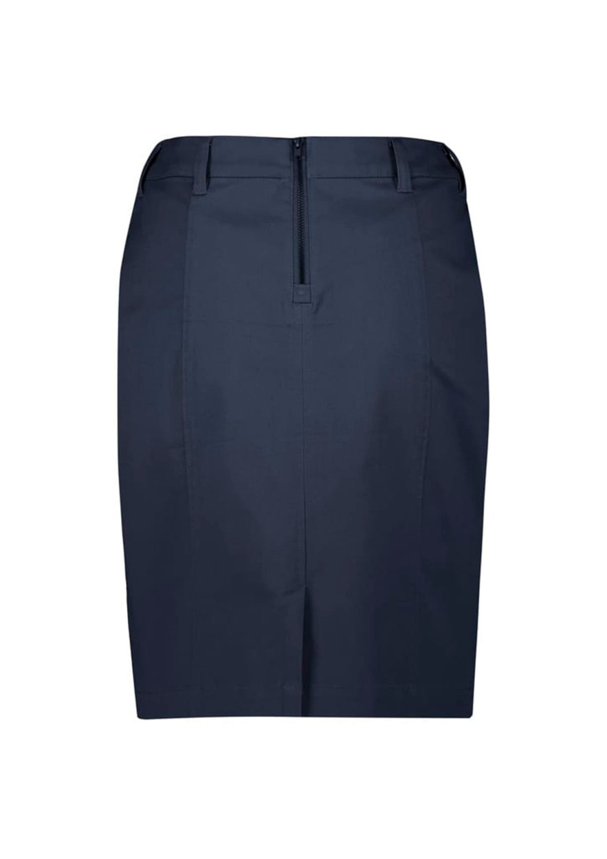 A dark navy mid waist stretch chino skirt with a back zipper and tailored design. Features a logo on the waistband.