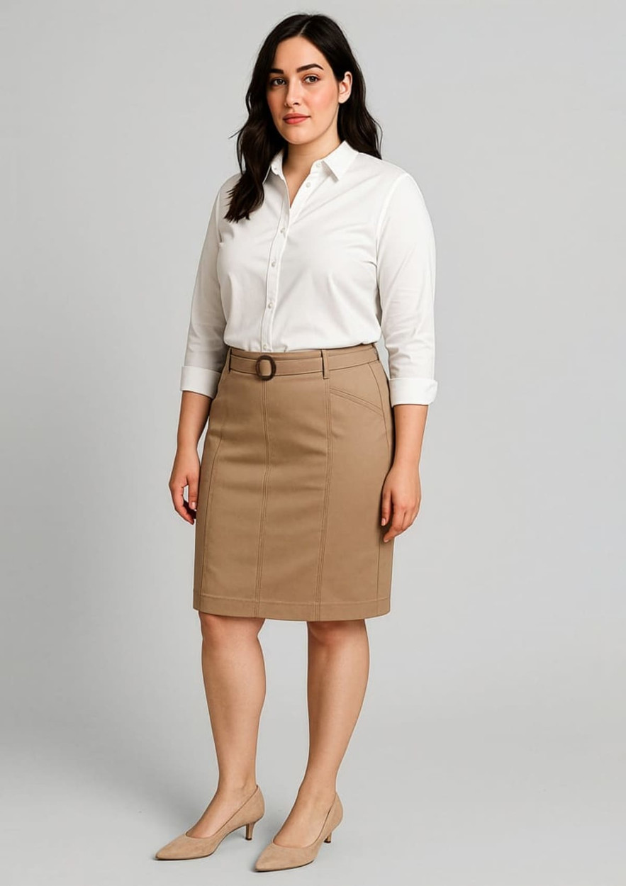 A woman stands wearing a beige mid waist stretch chino skirt and a white shirt, with a logo visible on the skirt.