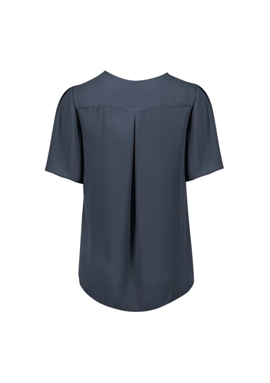 A grey women's short sleeve blouse with a pleat detail at the back and a relaxed fit. It features a simple design and has a logo.