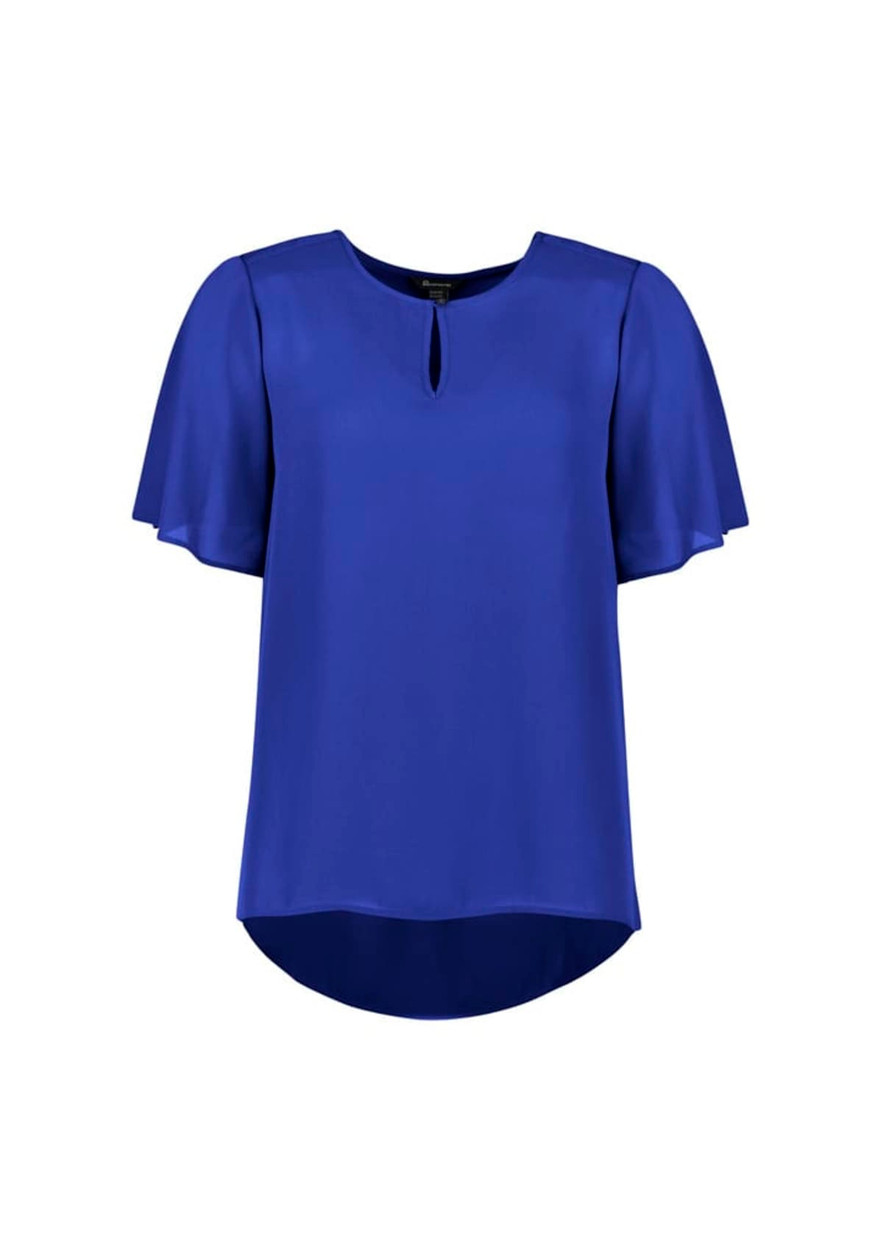 A blue women's short sleeve blouse with a keyhole detail and a flowing hemline. It features a logo.