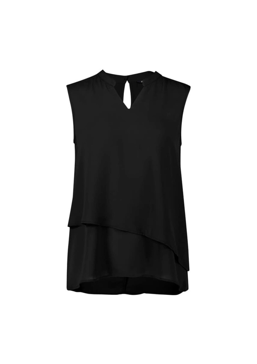 A black sleeveless blouse with a layered design and keyhole neckline. It features an interior logo.