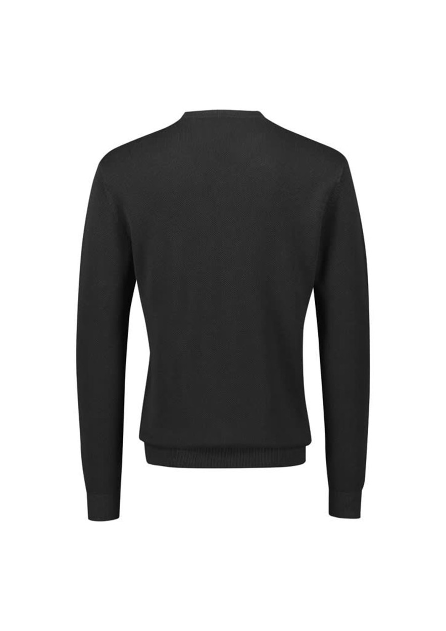 A black knitted jumper with long sleeves and a crew neck, featuring a smooth texture and a fitted silhouette.