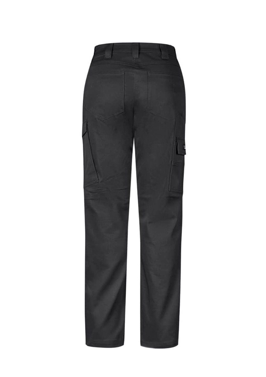 A pair of women's black cargo pants featuring side pockets and a fitted design. The back view highlights the pant's structure.