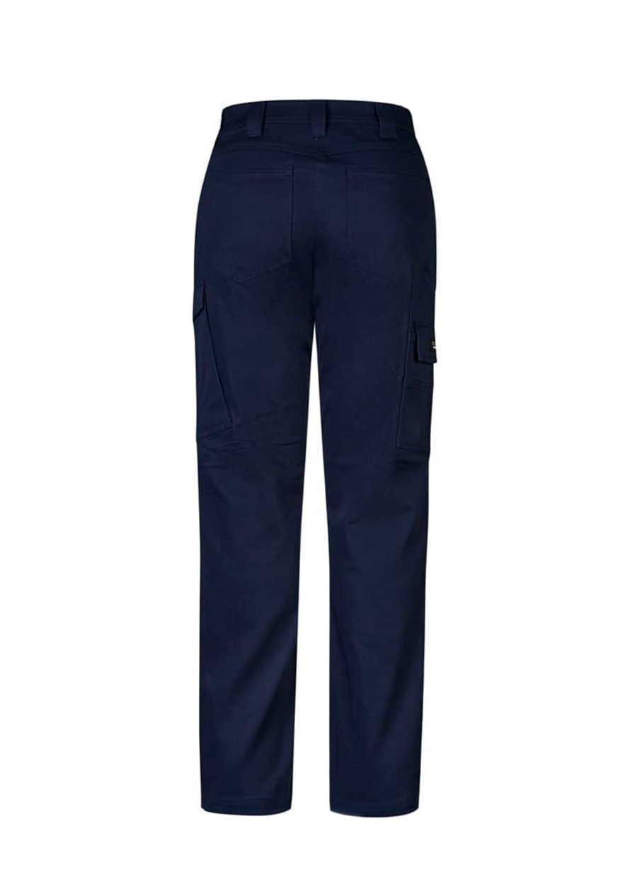 A pair of navy women's cargo pants featuring multiple pockets and a logo on the back.