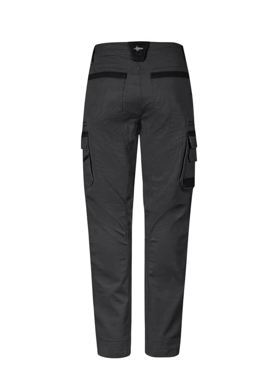 A pair of grey work pants with multiple pockets and a branded label on the back.