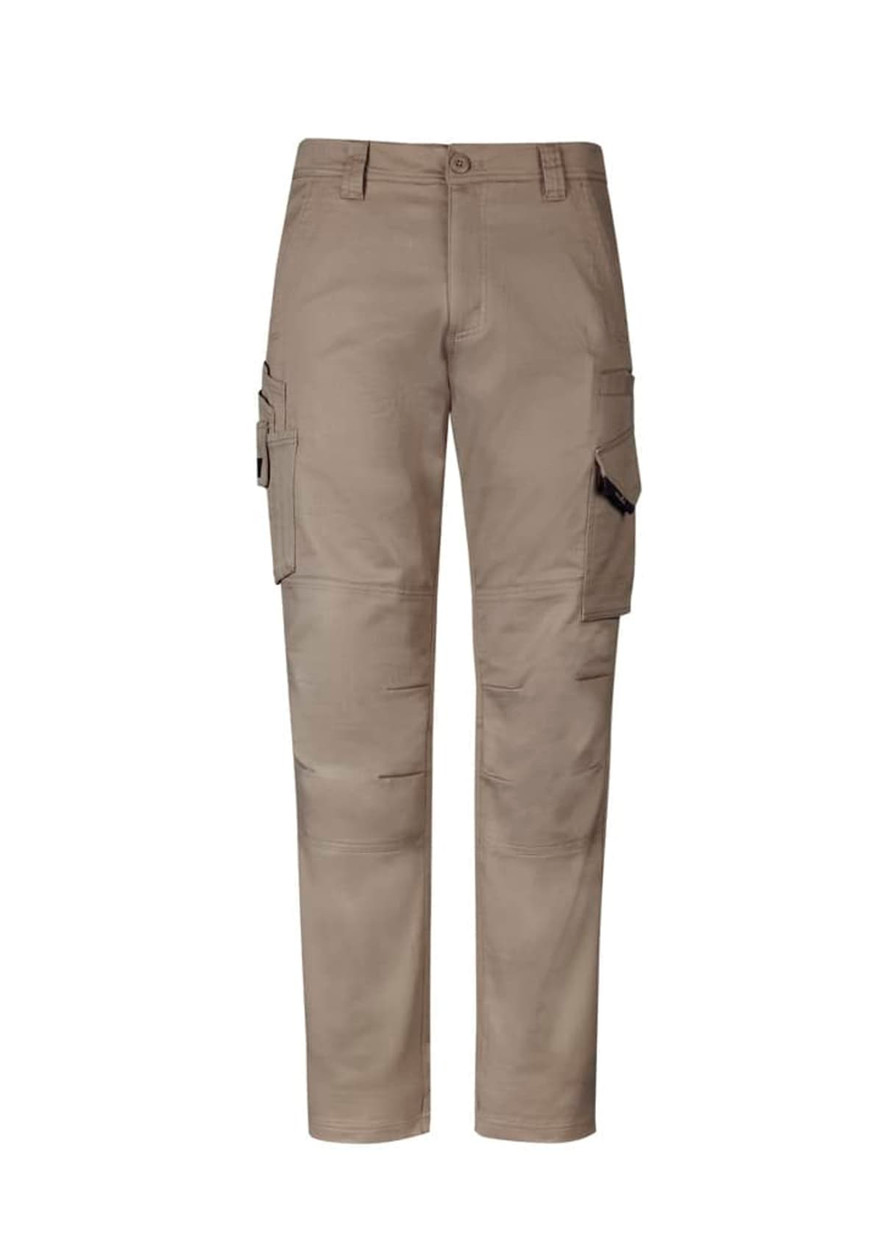 Men's rugged cargo pants in a light khaki colour, featuring multiple pockets and a comfortable stretch design.
