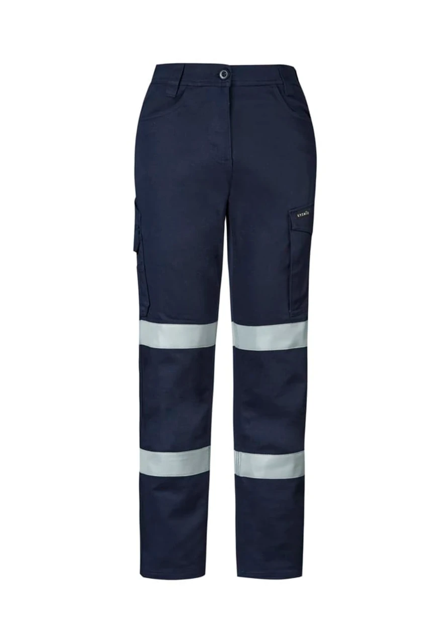 Navy cargo pants featuring reflective stripes and multiple pockets, with a logo on the front.
