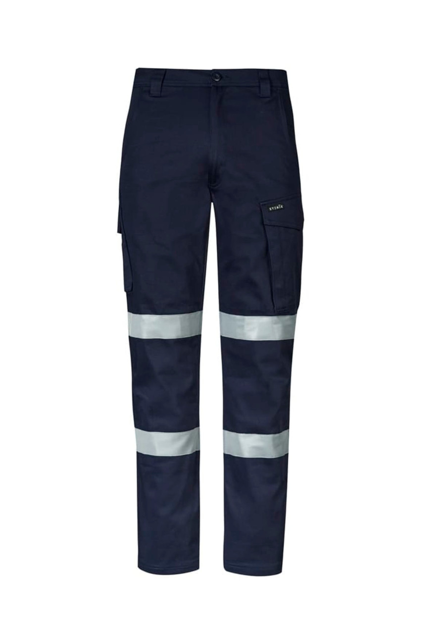 Men's essential stretch cargo pants in navy with reflective stripes and a logo on the side.