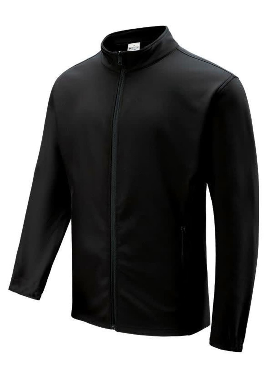 A black men's softshell jacket with adjustable cuffs and a zip front. It features side pockets and has a logo.