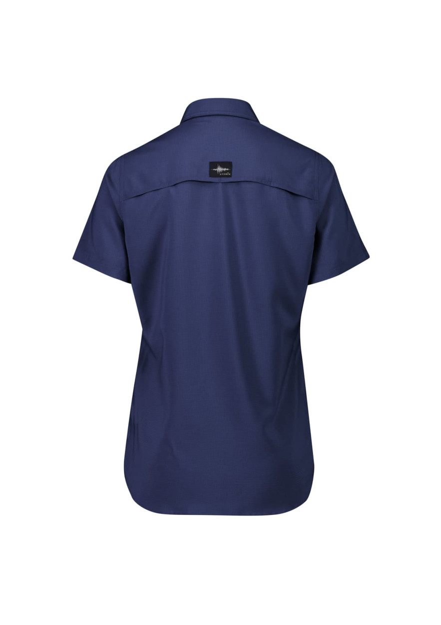 A women's outdoor short sleeve shirt in navy blue with a collar and a logo on the back.