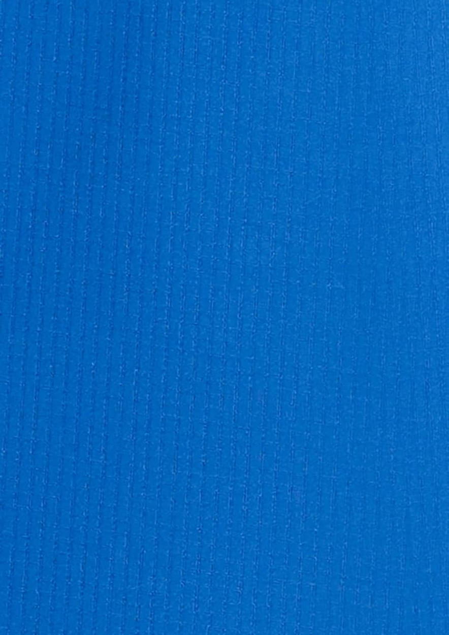 A vibrant blue fabric with a textured finish, suitable for women's outdoor short sleeve shirts. It features a logo.