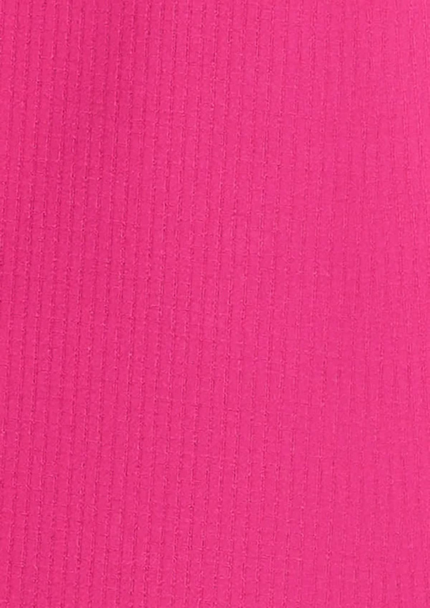A vibrant pink short sleeve shirt with a ribbed texture. Features a logo on the front.