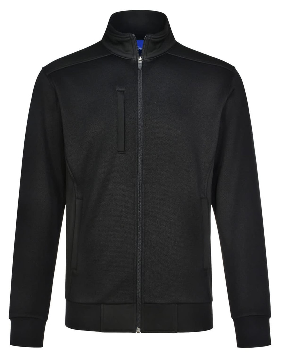 A black men's jacquard fleece jacket with a zip front, side pockets, and a collar, featuring a small logo.