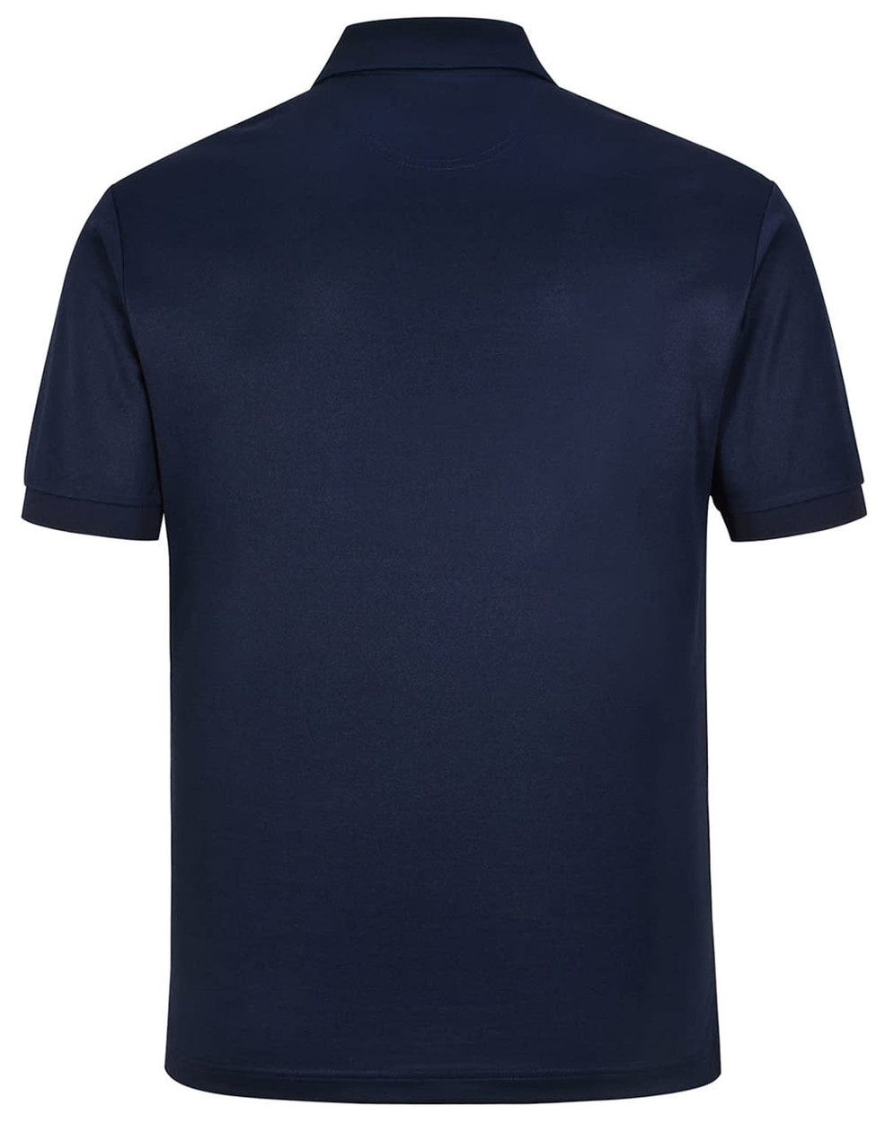 A navy blue men's sustainable poly/cotton corporate short-sleeve polo shirt with a logo.