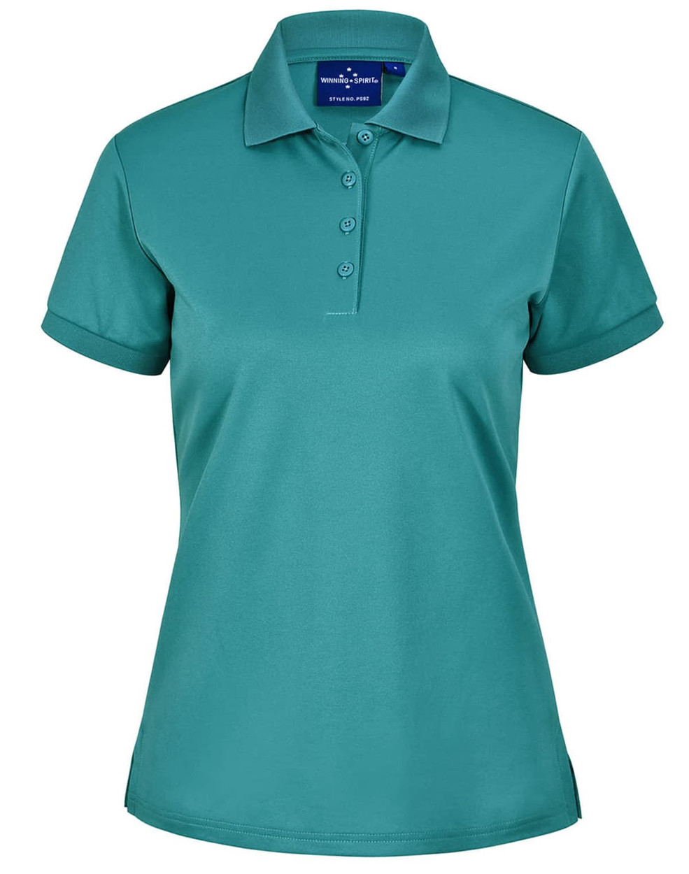 A teal ladies' polo shirt with a collar and short sleeves, featuring a logo on the neckline area.