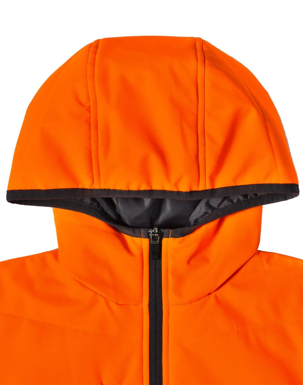 A bright orange quilted safety jacket with a hood and black lining, featuring a logo.