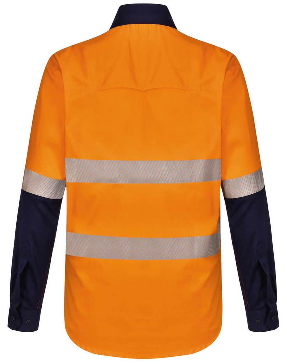 A long-sleeve safety shirt in orange and navy blue, featuring segmented reflective tape and a branding logo.