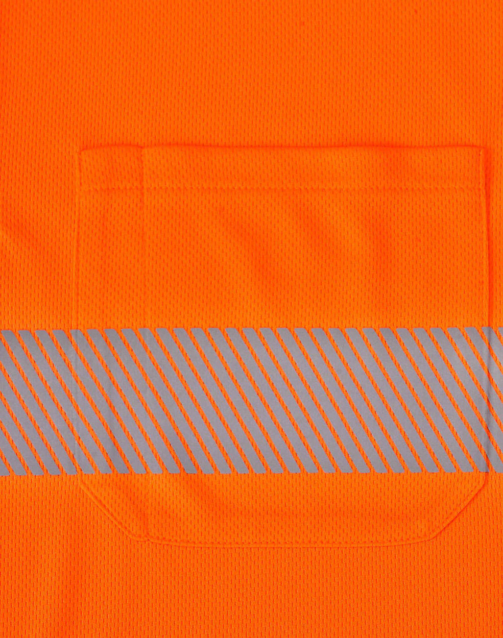An orange safety polo shirt featuring a reflective stripe and a pocket on the front.