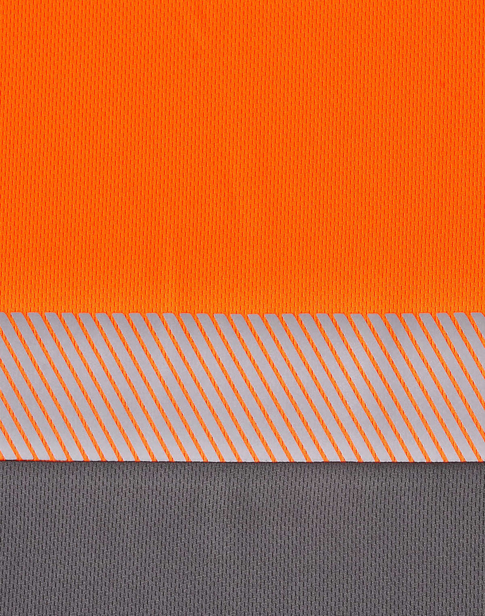 A segmented polo shirt in hi-vis orange and grey with a reflective stripe pattern and a logo.