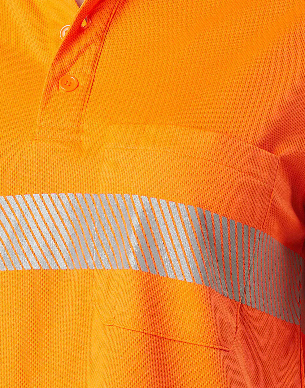 A vibrant orange unisex long sleeve polo shirt with a reflective silver stripe and chest pocket. Features a logo.