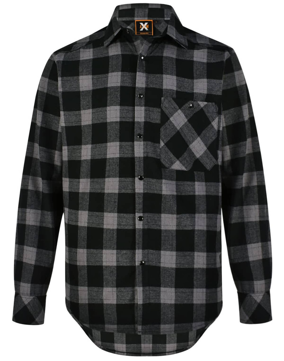 A unisex flannel plaid shirt in black and grey, featuring a button-up front and chest pocket, with a logo tag.