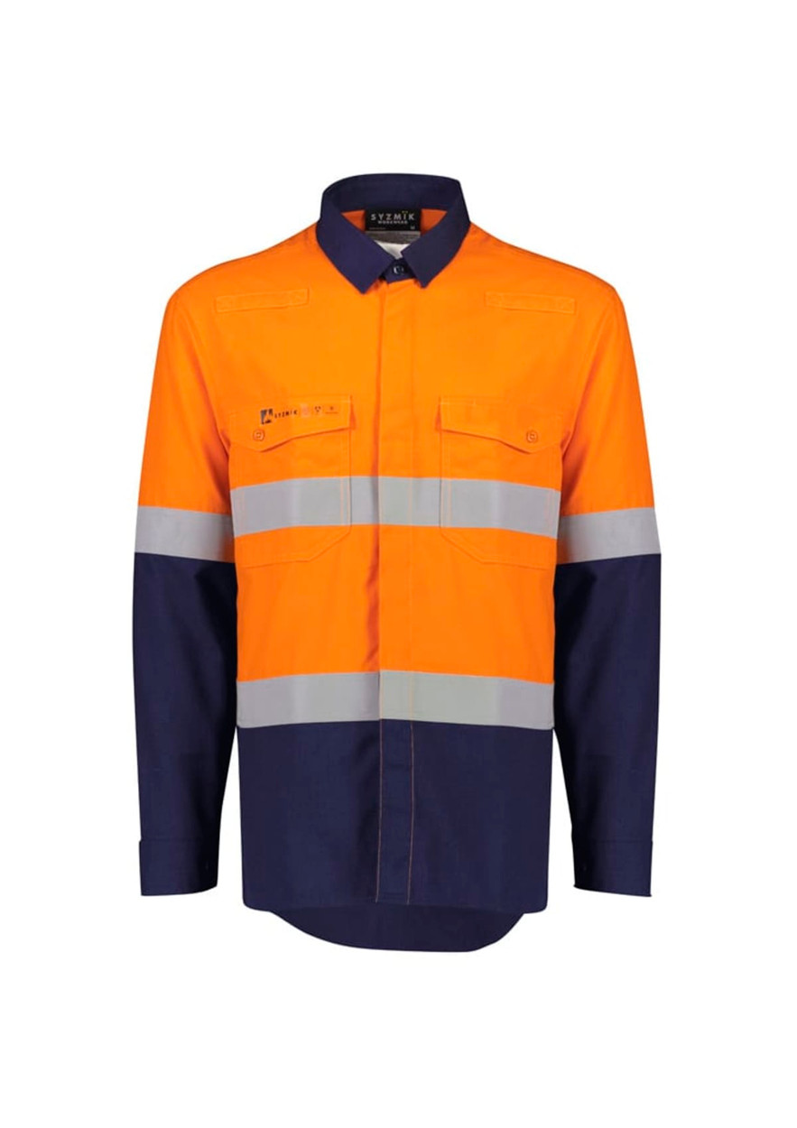 A lightweight ripstop shirt featuring orange and navy colour blocks with reflective hoop tape accents. It includes chest pockets and a logo.