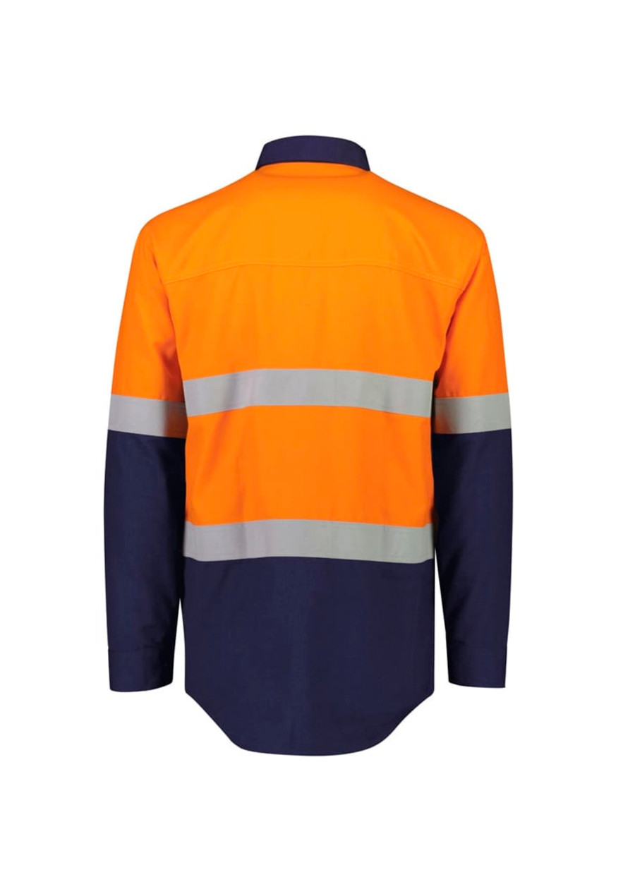A spliced work shirt featuring orange and navy colours with reflective hoop tape details and a logo.