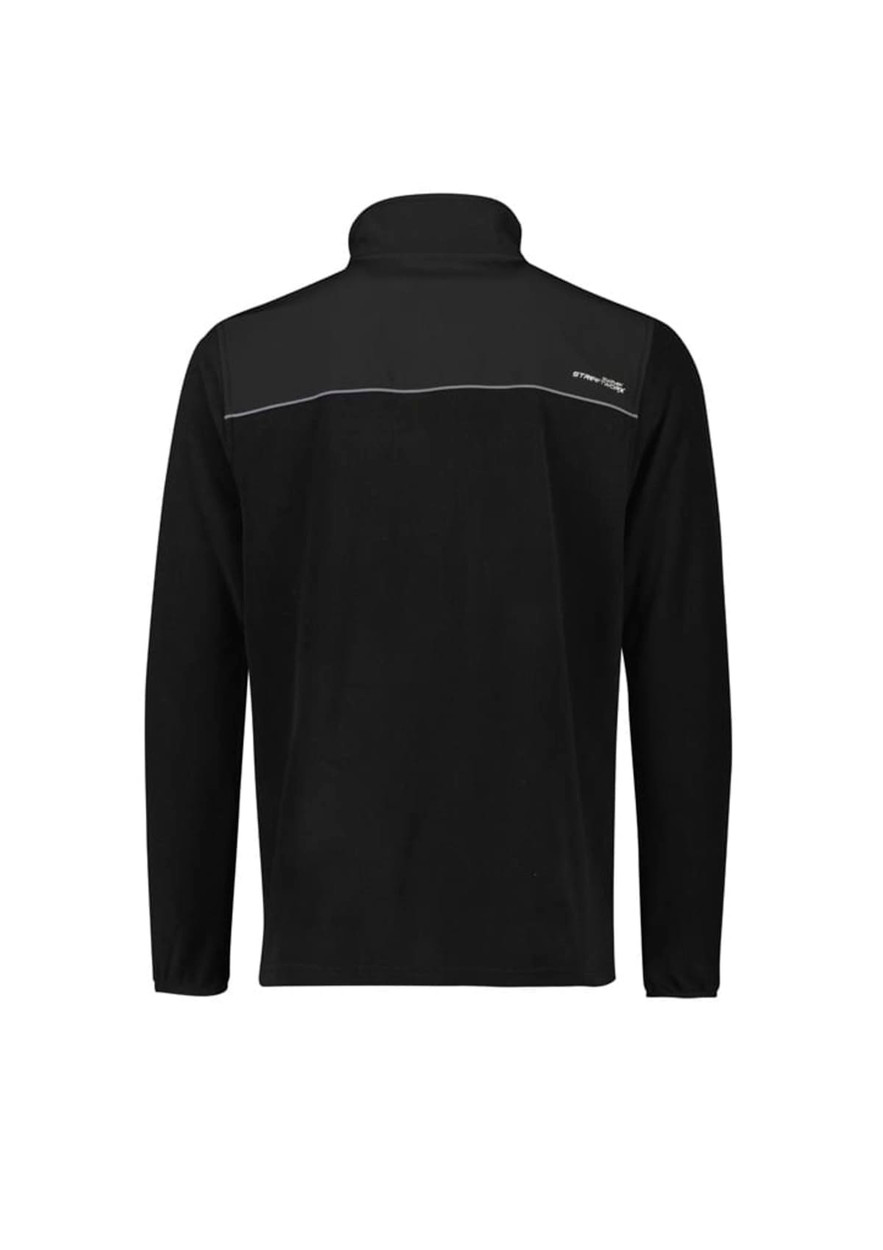 A black unisex lightweight 1/4 zip polar fleece with long sleeves and a rear view, featuring a logo.